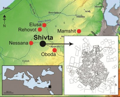 Figure 1. The location of Shivta and other Byzantine sites in the northern Negev; the site plan is taken from Hirschfeld (2003: fig. 3).